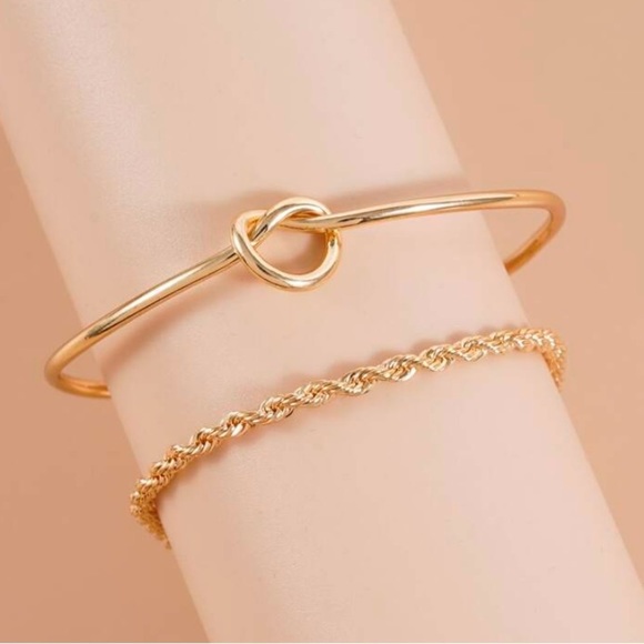 BOGO! Set of 2 stacking bracelets in Gold color Knot cuff and chain NEW Boutique - Picture 3 of 6